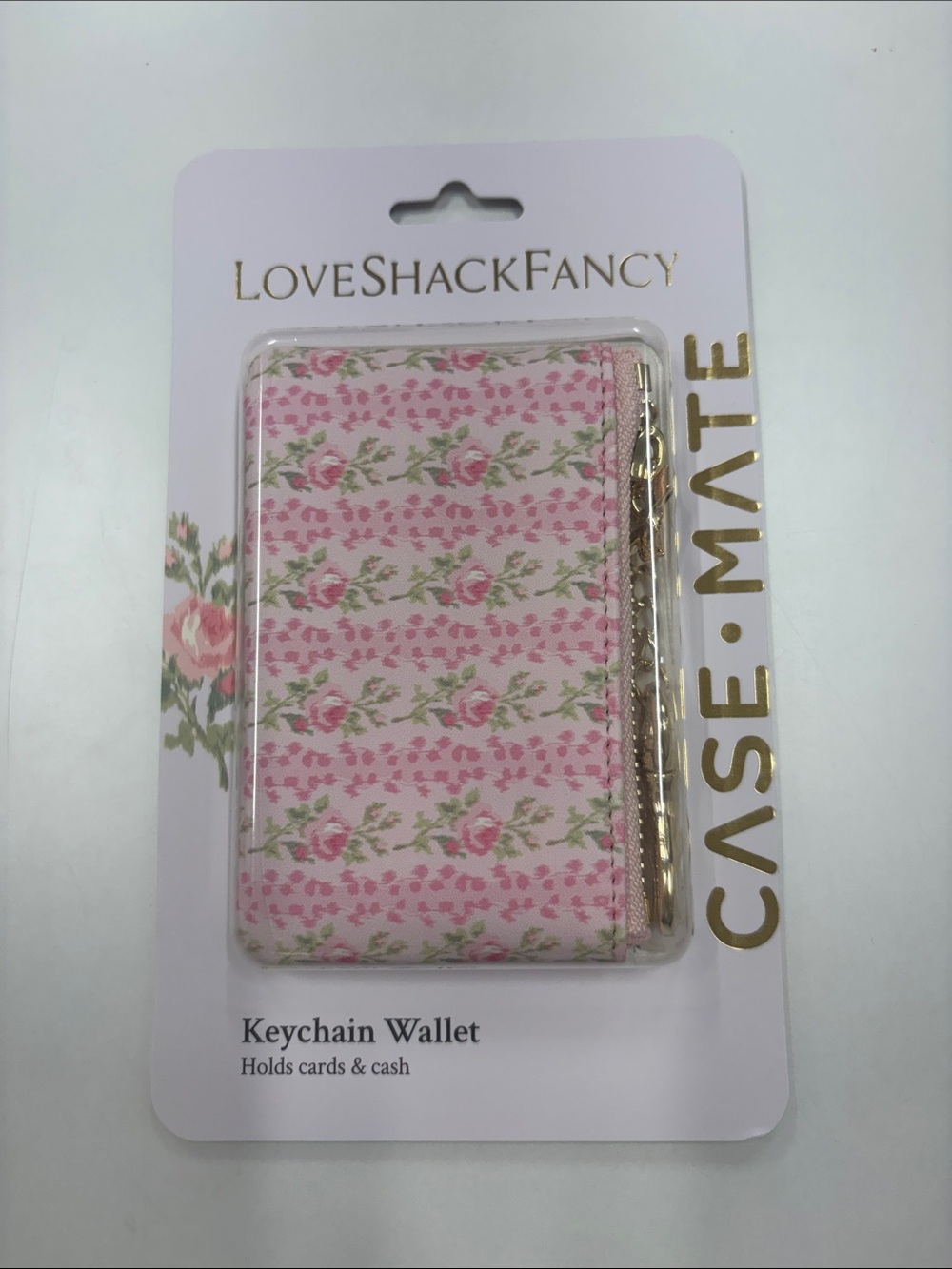 LoveShackFancy Pink Floral Keychain Wallet with Gold Hardware